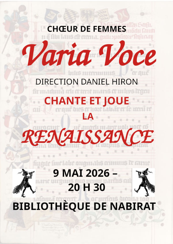 Chœur de femmes Varia Voce, direction Daniel Hiron, chante et joue la Renaissance le 9 mai 2026 à 20 h 30 à la bibliothèque de Nabirat