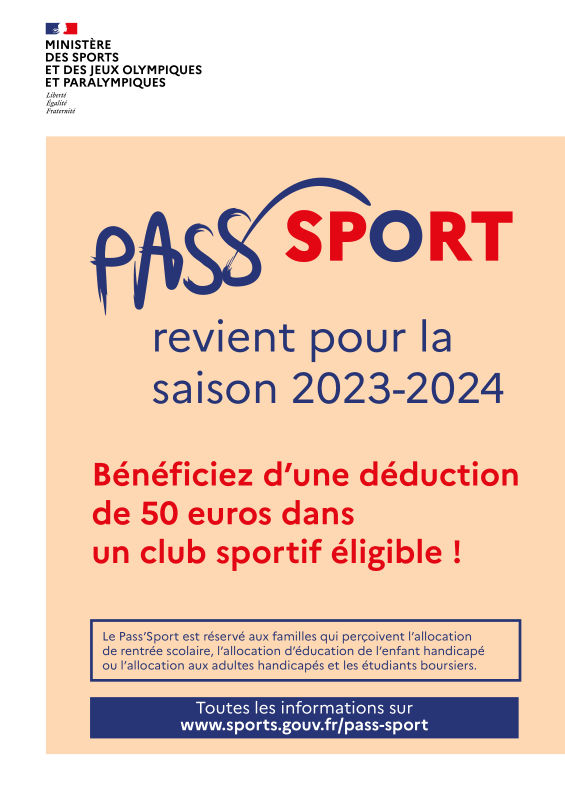 Pass’Sport revient pour la saison 2023-2024. Bénéficiez d’une déduction de 50 euros dans un club sportif éligible!