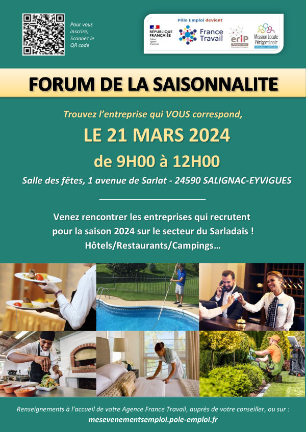 Affiche pour le forum de la saisonnalité, le 21 mars 2024 de 9h à 12h à la salle des fêtes de Salignac-Eyvigues.