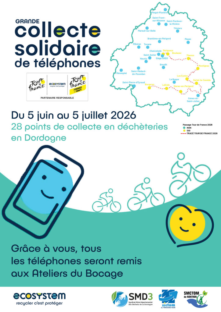 Grande collecte solidaire de téléphones du 5 juin au 5 juillet 2026. 28 points de collect en déchèteries en Dordogne.
