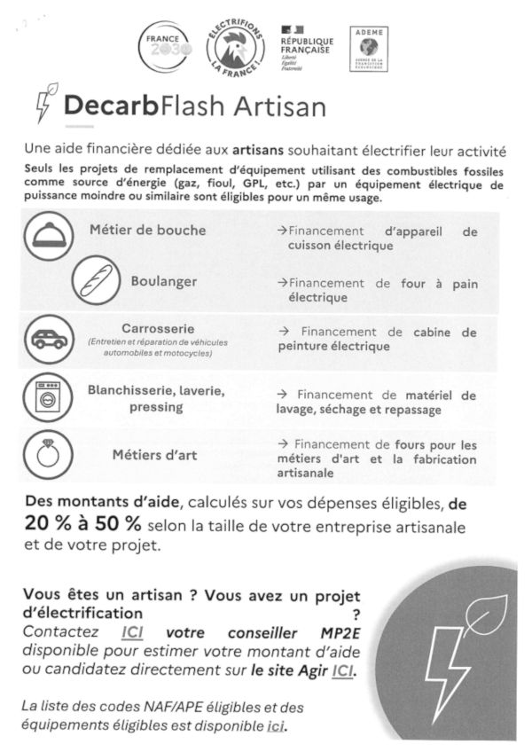 DecarbFlash Artisan : une aide financière dédiée aux artisans souhaitant électrifier leur activité.