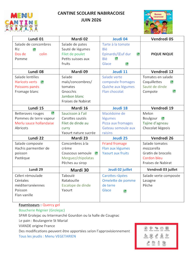 Menu de la cantine scolaire de juin 2026