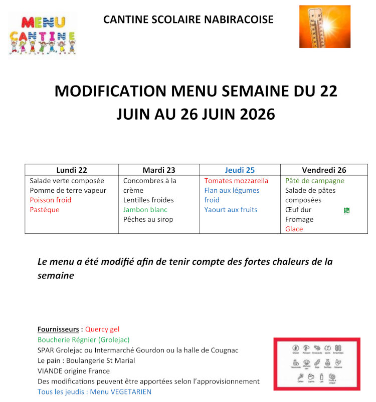 Menu modifié pour la semaine du 22 au 26 juin pour tenir compte des fortes chaleurs