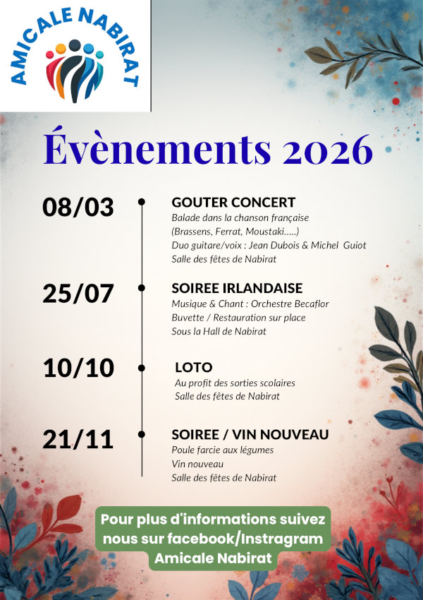 Évènements 2026. 08/03 : Goûter concert. 25/07 : Soirée irlandaise. 10/10 : Loto. 21/11 : Soirée vin nouveau.